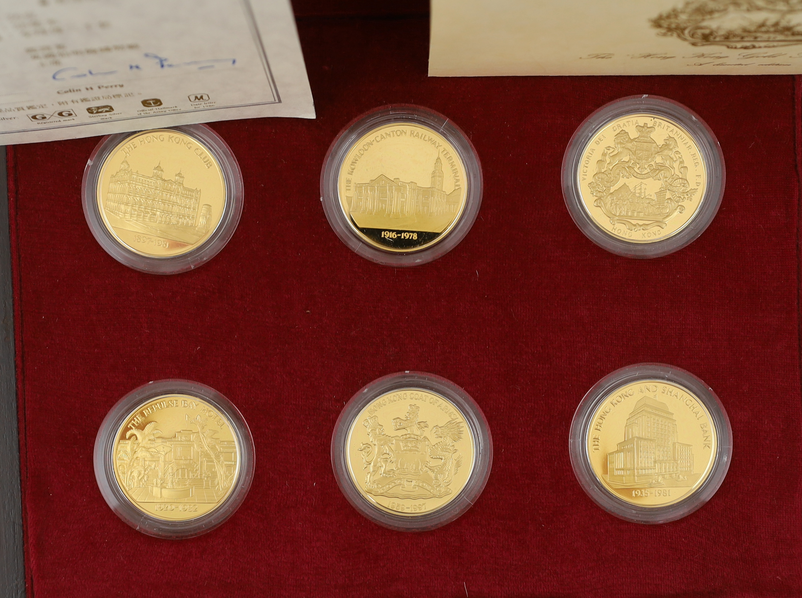 Hong Kong medals, the Gold Seal collection of six silver-gilt medals, and the Great Seal collection of five proof silver medals, produced by Gazeley Galleries